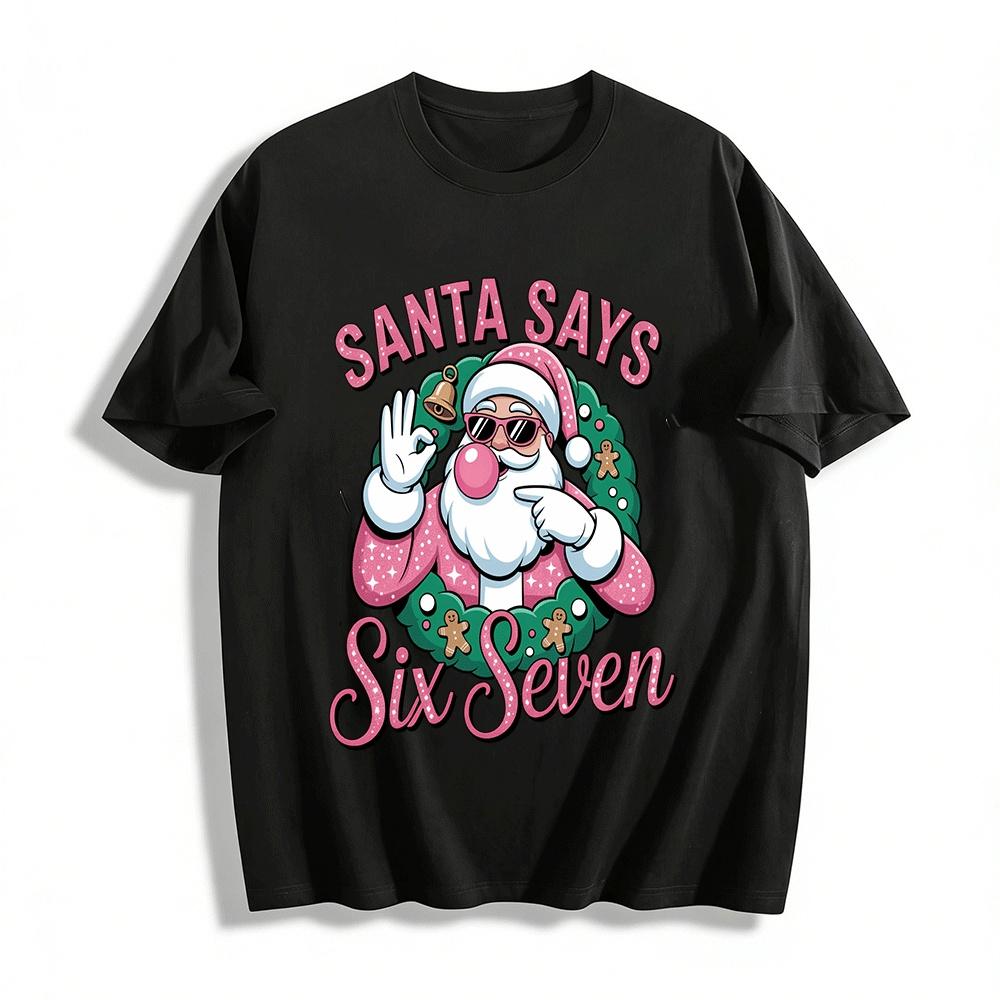 Santa Says Six Seven Pink Santa Print Holiday Festive Top Pure cotton T-shirt XXS
