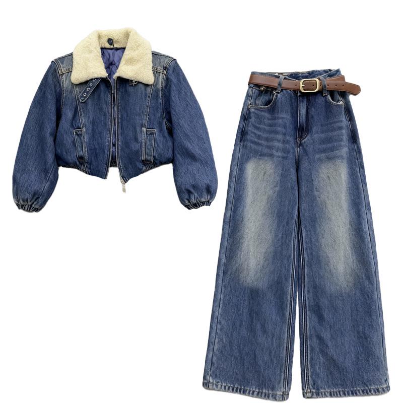 2025 Winter Women's Retro Hong Kong Style Fur Collar Denim Jacket & Wide Leg Pants Set