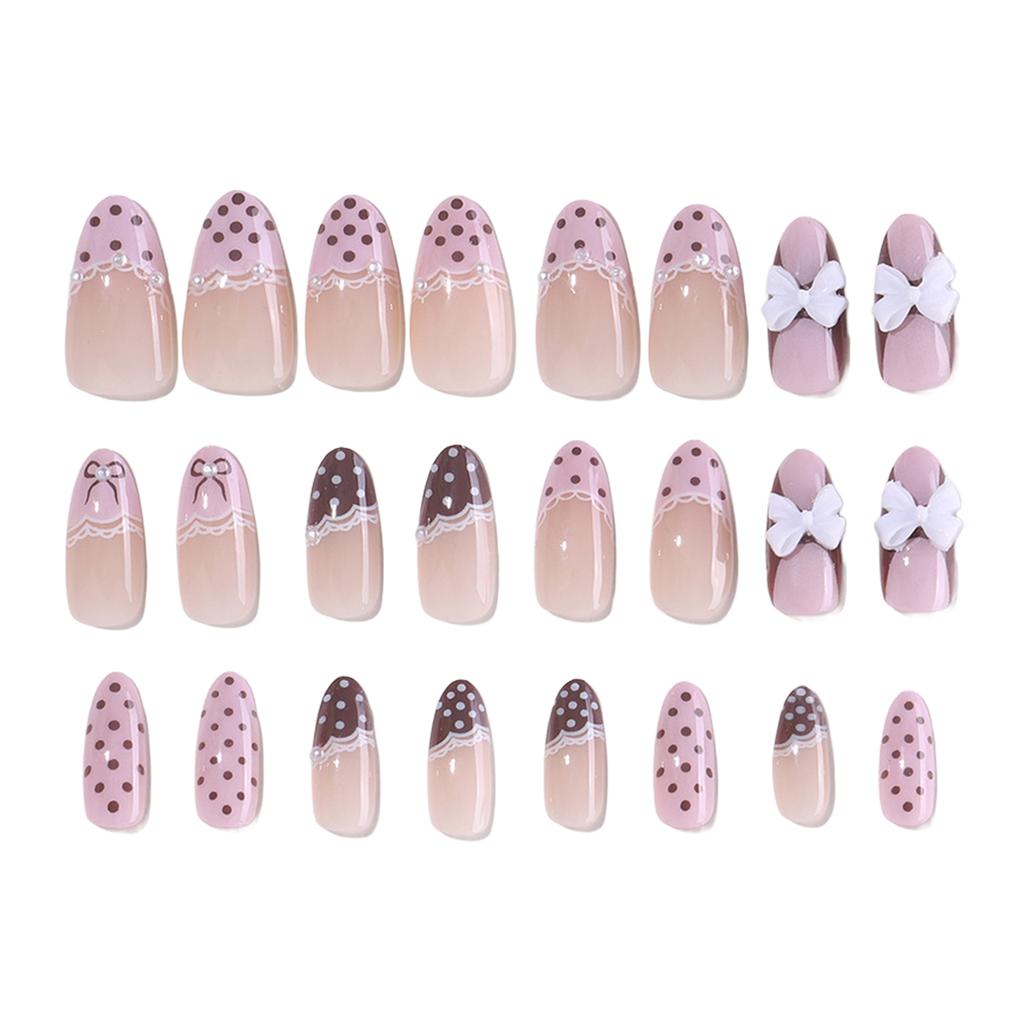 24Pcs False Nails Pink Brown Polka Dot Lace Lace French Press on False Nails Bow Pearl Wearable Manicure Tips Art Fake Nails