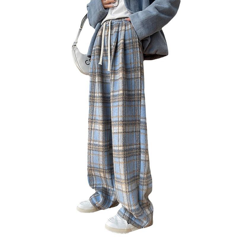 Women's Winter Fleece-Lined Tweed Plaid Wide-Leg Pants: Warm, Thick, Loose, and Straight-Leg Design.