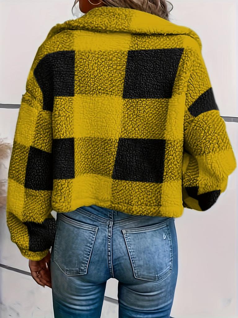 Plaid Pattern Button Front Teddy Coat All-match Long-sleeved Winter Warm Jacket Women's Clothing