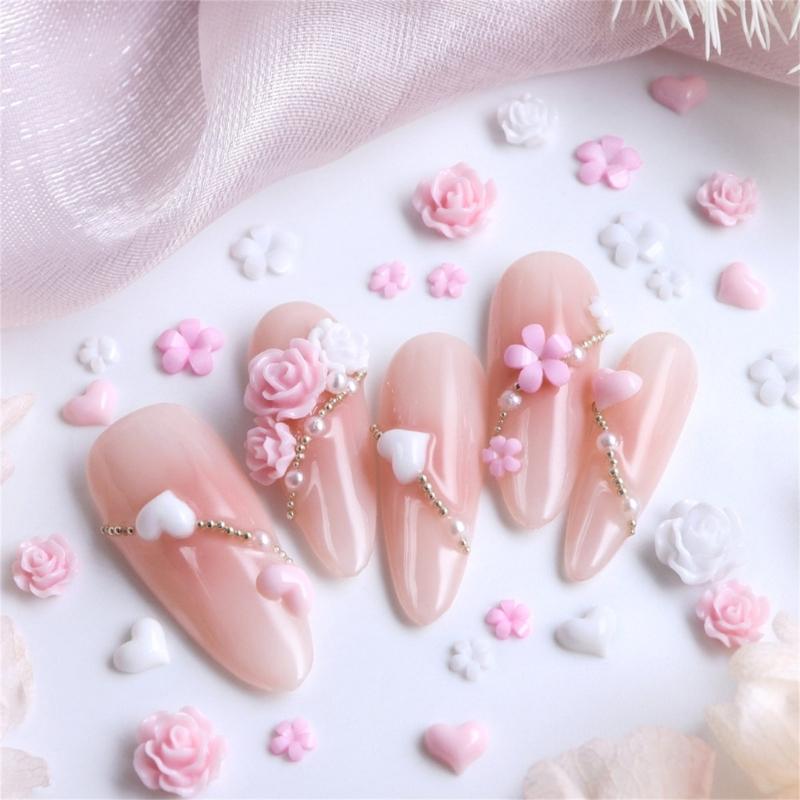 6 Fächer Herz Nagelanhänger Harzblumen Nagelkunst Anhänger Schöne Nageldekorationen für Bastelarbeiten Schmuckherstellung