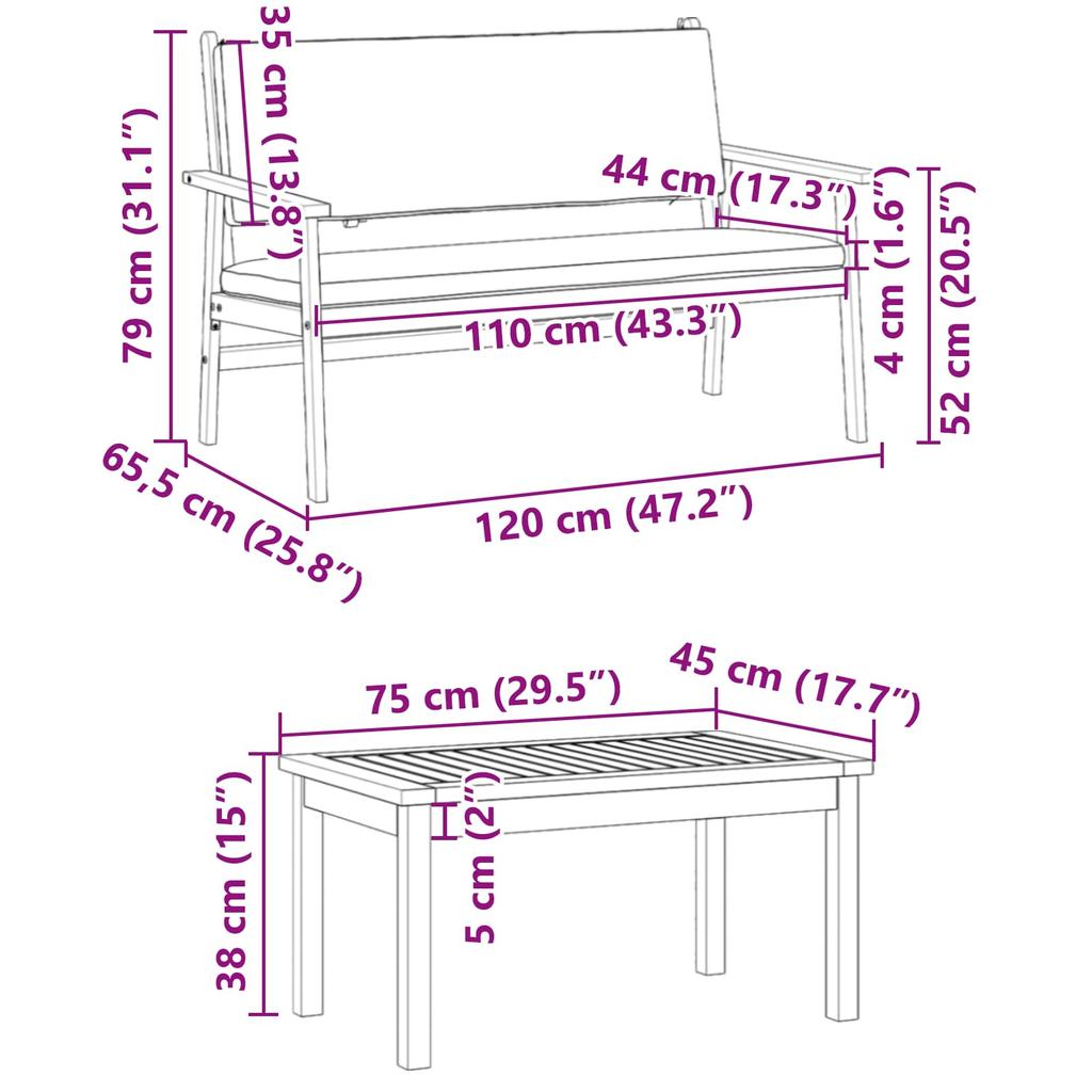Garden Sofa Set 3 Pcs Brown 120 X 65.5 X 79 Cm Solid Acacia Wood