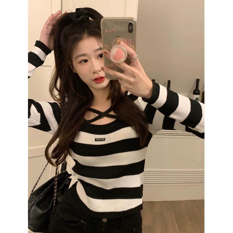Herbst 2025 Damen Gestreiftes Strickpullover-Top