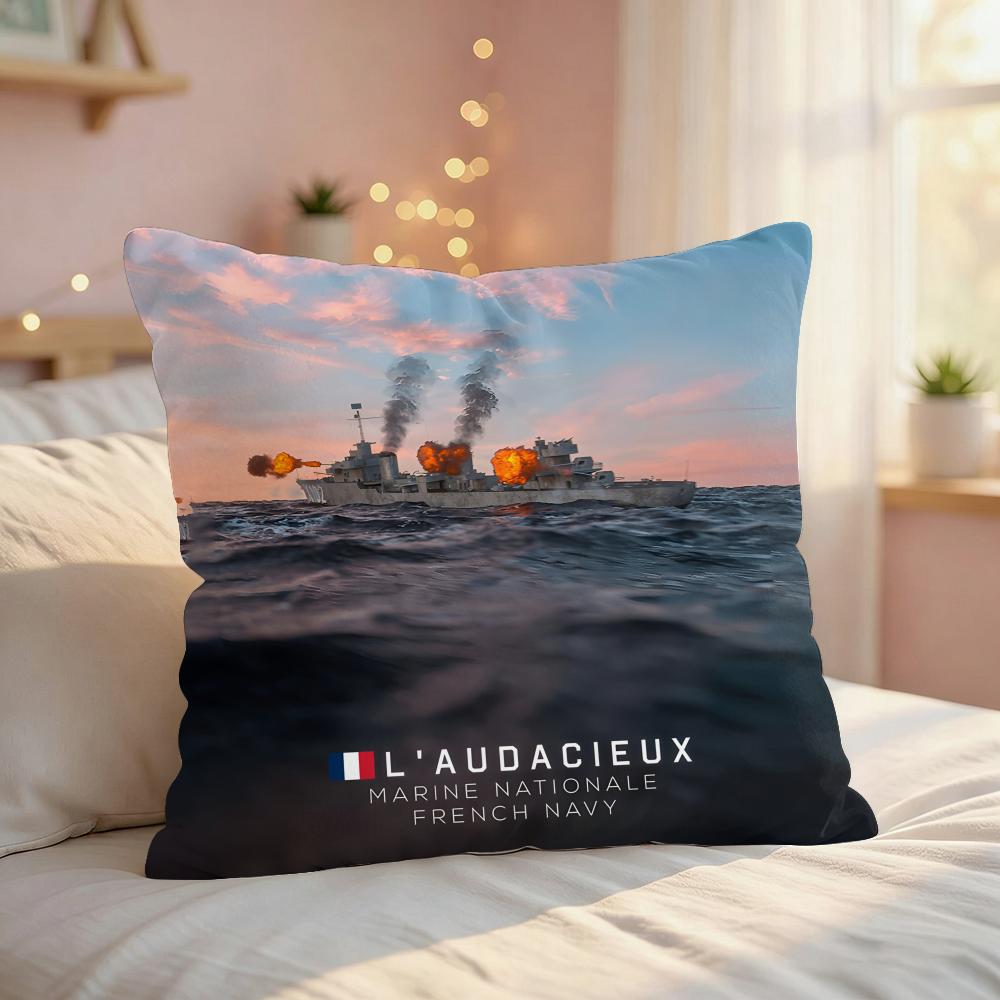 World War II Ships Cool Cushion Cover Silky Short Plush Invisible Zipper Dustproof Sofa Pillow Case For Home Decor