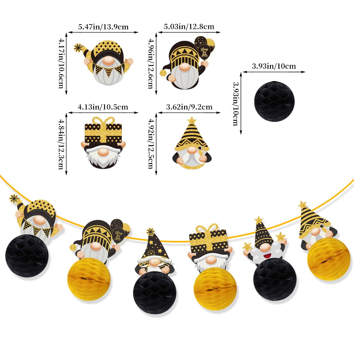 

New Year S Eve Party Arrangement Black Gold Dwarf Honeycomb Ball Latte Flower Pendant Flag New Year s honeycomb ball flag 6 packs