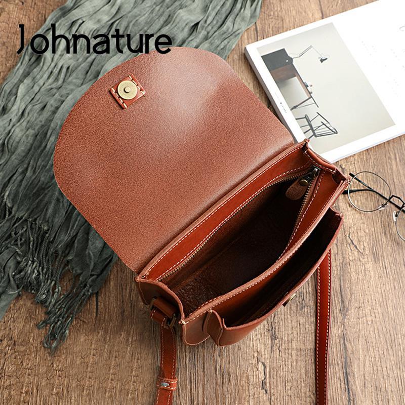 Johnature Simple Genuine Leather Women Bag Handmade Vintage Shoulder Bags Solid Color Natural Cowhide Messenger Bag