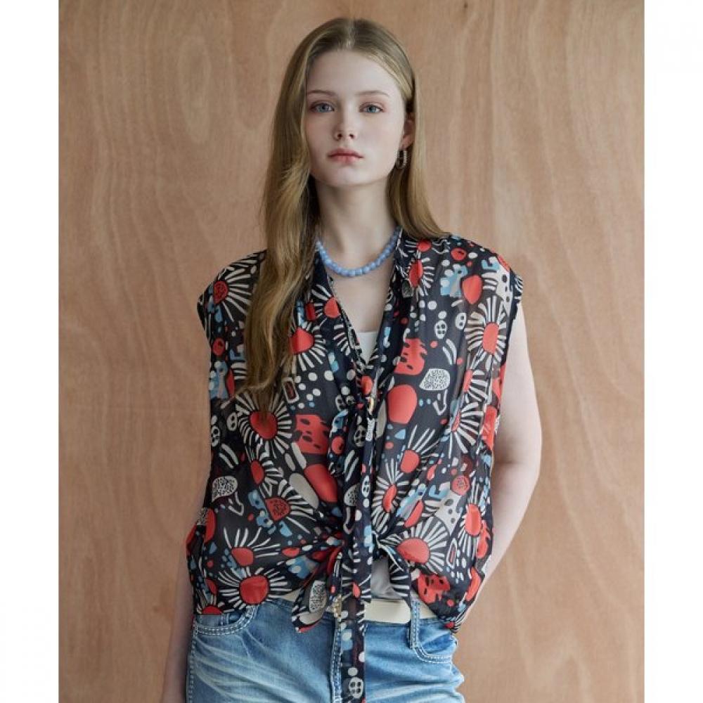 Maxza Art Flower Tie Sleeveless Blouse Zf08qb024nh