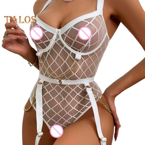 Women Bodysuit Backless Sleeveless Hollow Out Fishnet Push-up Gra Thin See-through Lace Spaghetti Strap Skinny Lady Wedding Night Playsuit