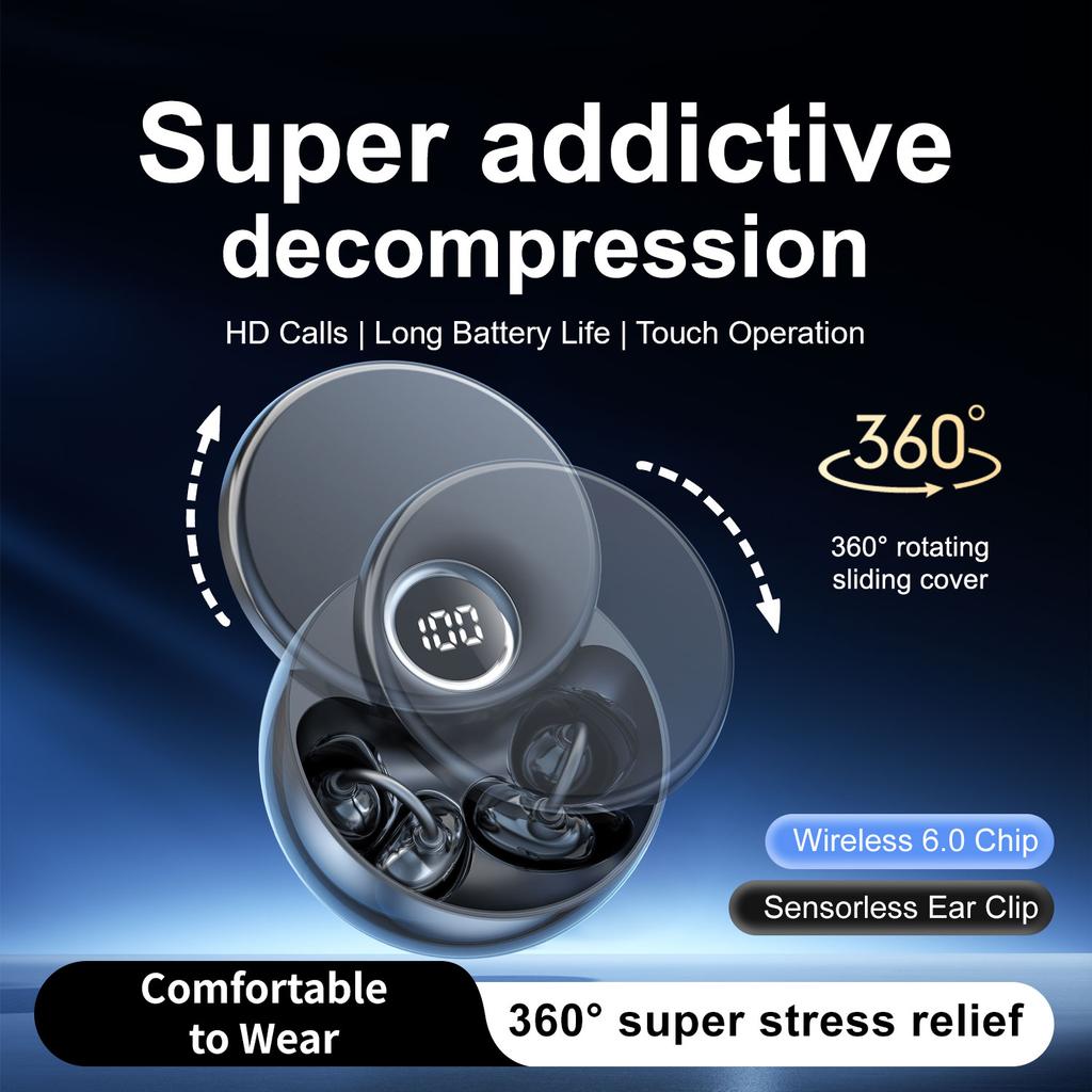 Open Ear Clip Headphones 360° Rotating Case, Wireless Bluetooth 6.0 Earphones Built-in Microphone and Ear Hook Earbuds Comfortable to Wear Headsets