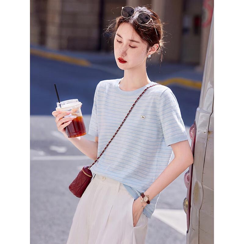 Striped Short-Sleeve Knit Pullover Free Size