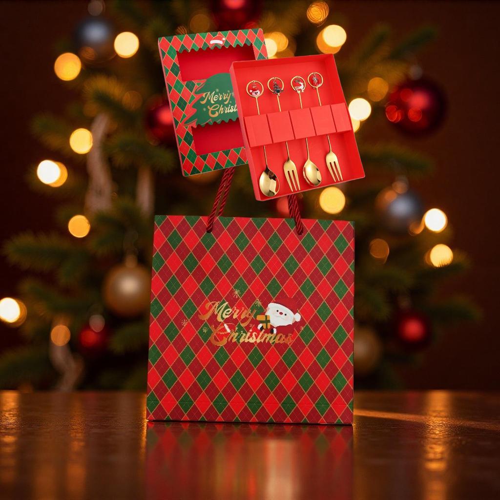 Christmas Cartoon Cutlery Set: Forks, Spoons, and Gift Box Featuring Cute Reindeer and Tree Designs.