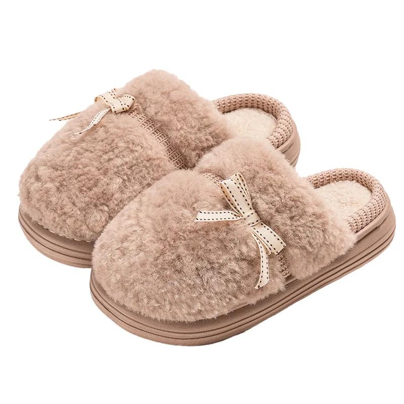 Fashion Platform Fluffy Slippers Women House Flats Cute Bowknot Designer Winter Shoes Girls Fashion Plush Casual Footwear Elegant Indoor