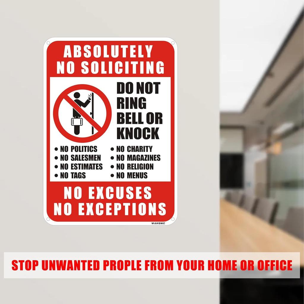 2PC No Soliciting Sign, No Excuses, No Exceptions Do Not Ring Bell Or Knock Sign, 7" X 10" - Aluminum, Funny Door Decoration for Home, Office, Yard,