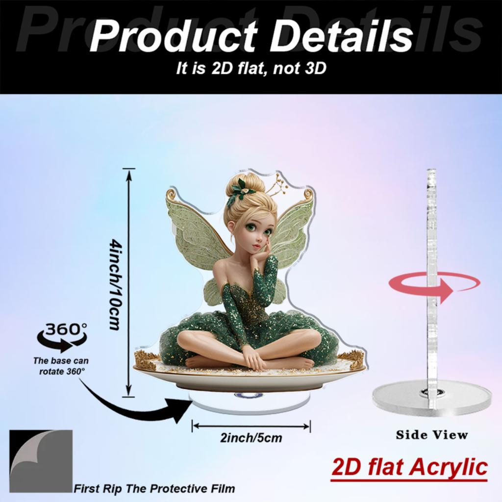 2D Flat Rotatable Acrylic Tabletop Ornament Fairy Figurine On Exquisite Plate With 360 Degree Rotating Base