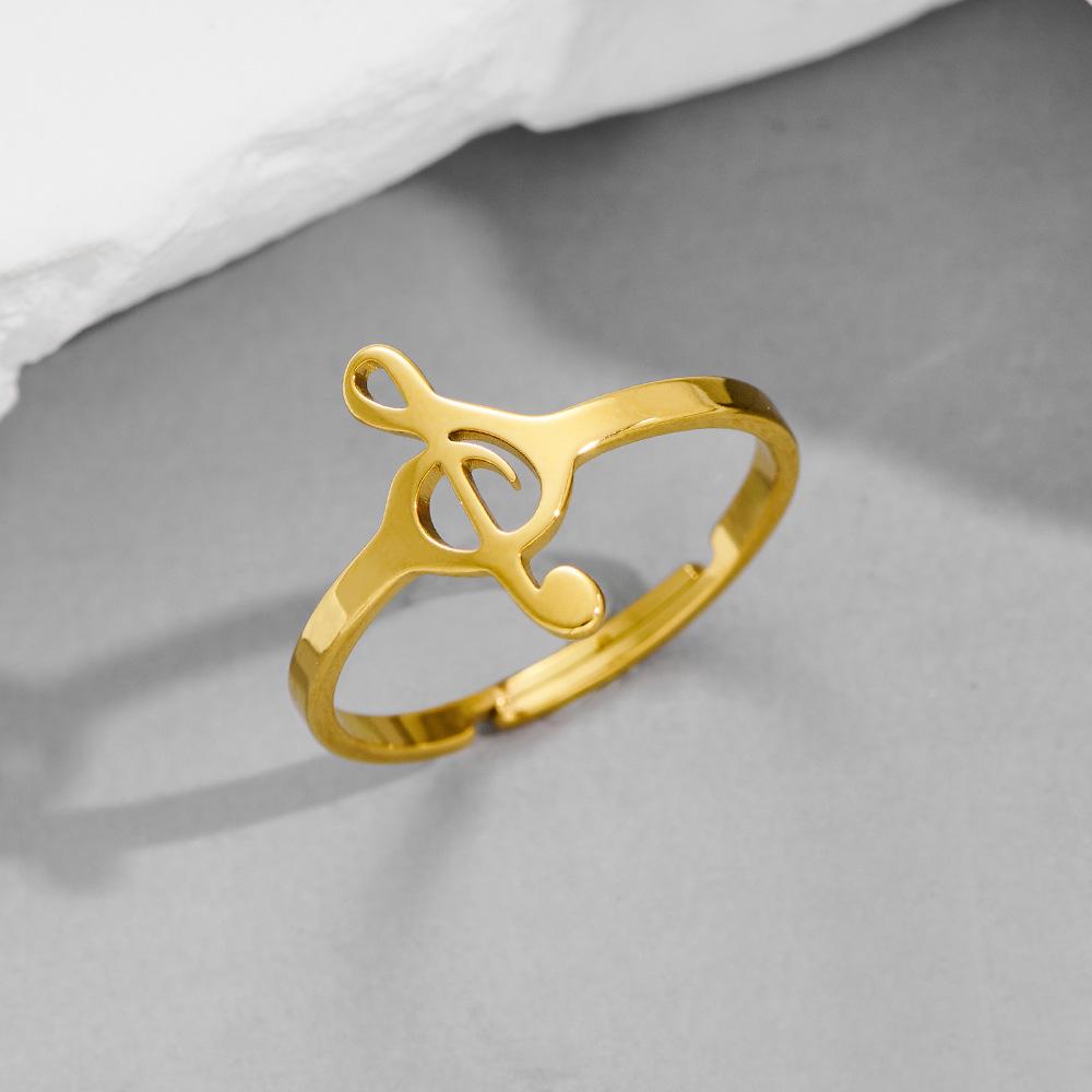Korean Style Stainless Steel Music Note Adjustable Ring for Women - Colorfast and Stylish Design