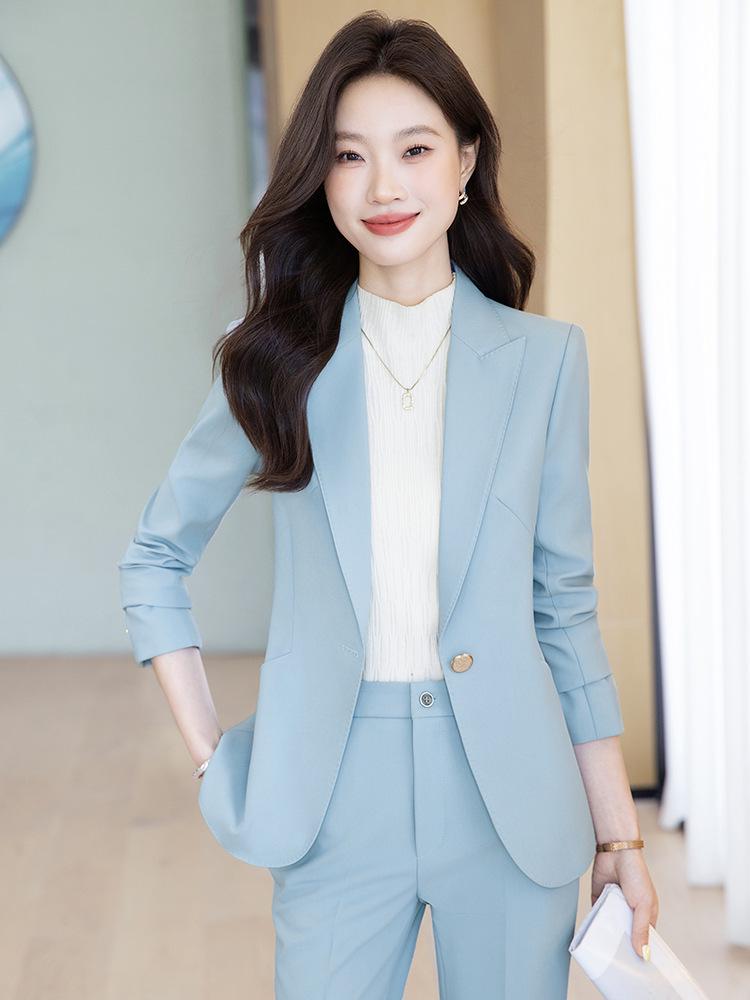 Women's Single-Breasted Navy Blue Long Sleeve Suit Jacket - Professional Spring/Autumn Formal Wear for Managers