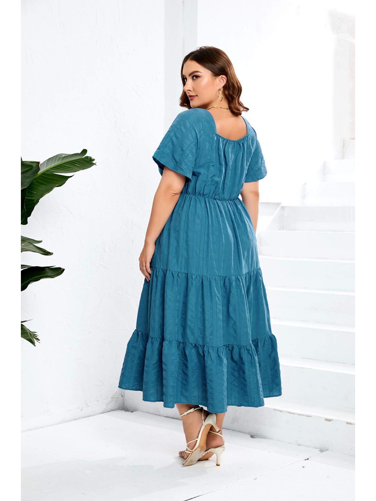 

Сексуальные летние платья с v-образным вырезом и короткими рукавами для женщин, 2024 год, отпуск, повседневное женское платье больших размеров, платье с высокой талией, винтажное свободное свободное платье Mujer большого размера XL синий