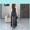 Spring Satin Patchwork Mesh Dress With Wrinkle Detailing For Elegant Women