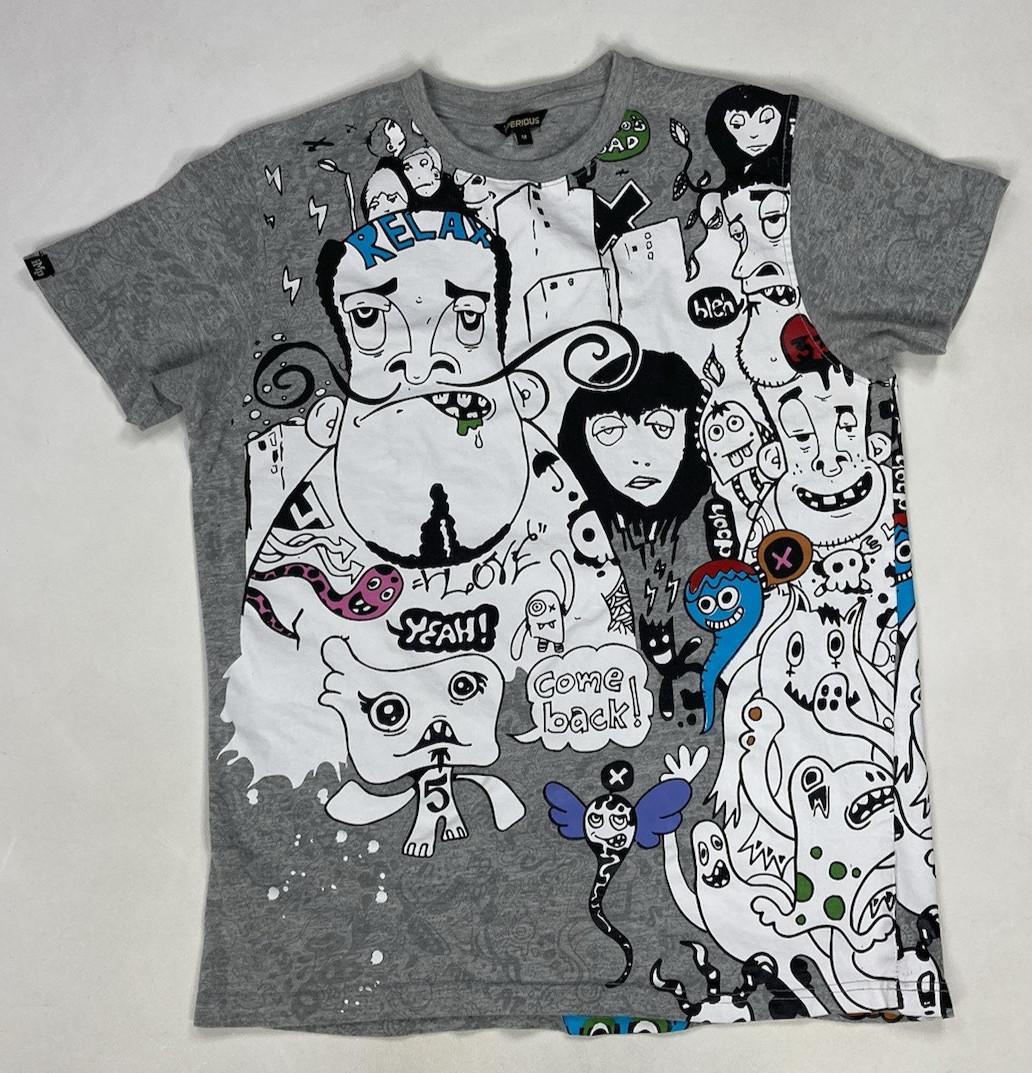 Imperious Psychedelic Urban Cartoon AOP Art Graphic T-shirt Men Medium Gray L