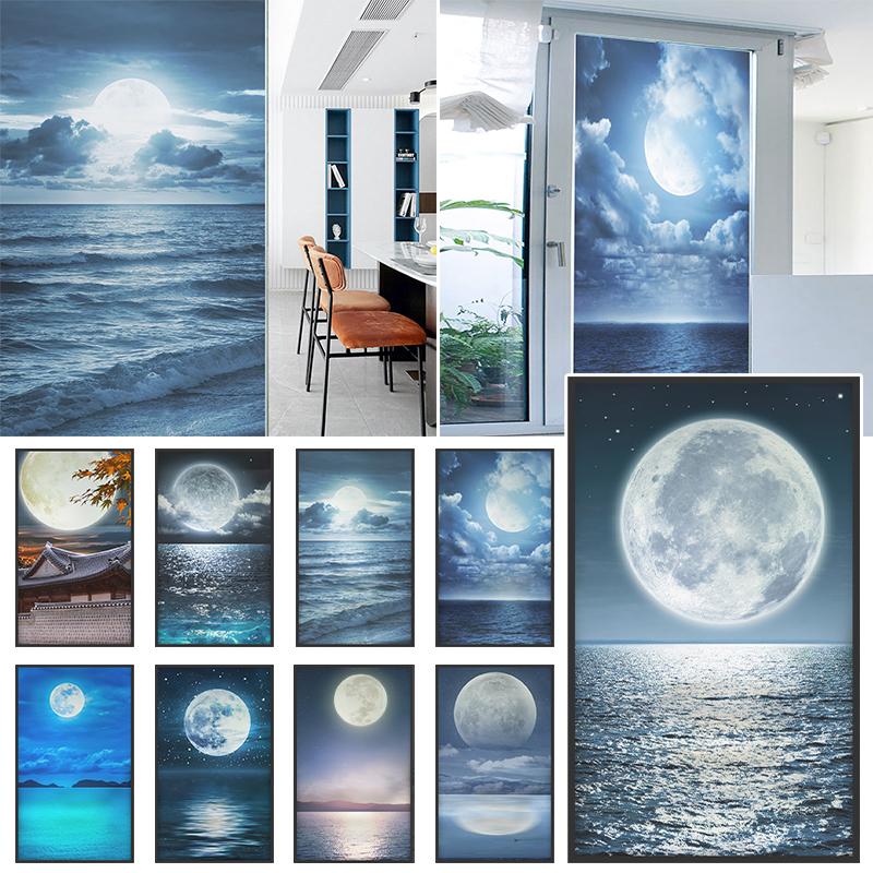 Sea Scenery Moon Landscape Pattern Privacy Window Film Static Clings Stickers Sliding Door Bathroom Window Decor Glass Films