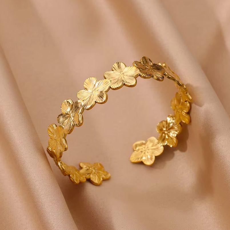 Vintage Flower Cuff Bracelet Bangle For Women Gold Color Flora Stainless Steel Bangles Casting Aesthetic Couple Wrist Jewelry