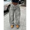 Womens High-Waisted Straight-Leg Wide-Leg Denim Jeans Light Gray Washed Cotton Blend No-Stretch