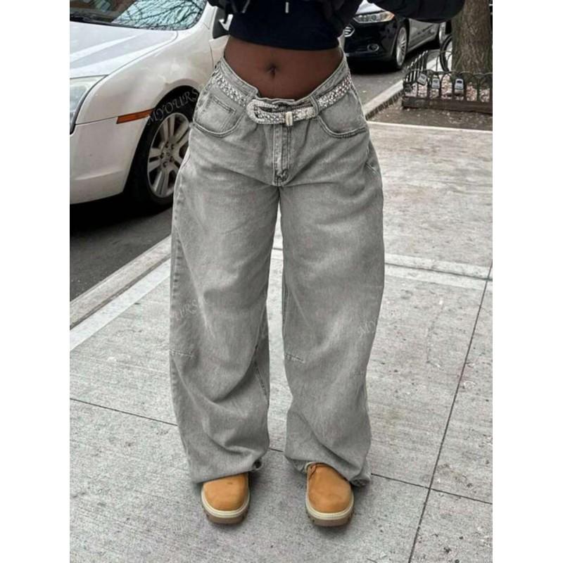 Womens High-Waisted Straight-Leg Wide-Leg Denim Jeans Light Gray Washed Cotton Blend No-Stretch