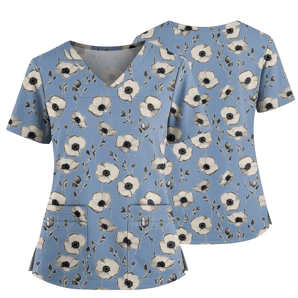 Women's Casual Printed V-Neck Pocket Side Slit Short Sleeved Top Short Sleeved Top