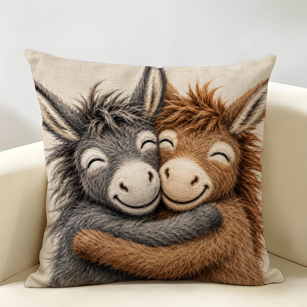 Funny Donkey Couple Cushion Cover Natural Linen Organic Fabric Double-Sided Printing Breathable For Home Decor