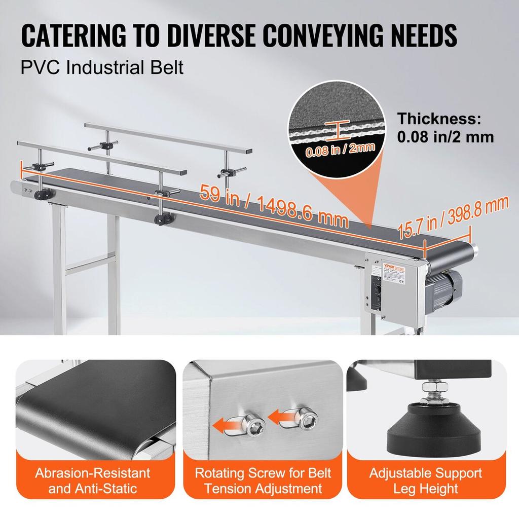 Belt Conveyor, 59 X 15.7 Inch Conveyor Table, Heavy Duty Stainless Steel Motorized Belt Conveyor for Inkjet Coding Applications Powered PVC Belt