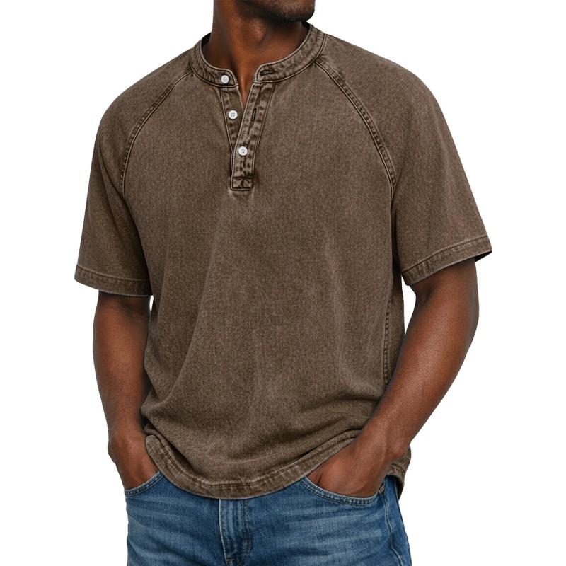 Men's Light Blue Denim Henley Short Sleeve Shirt