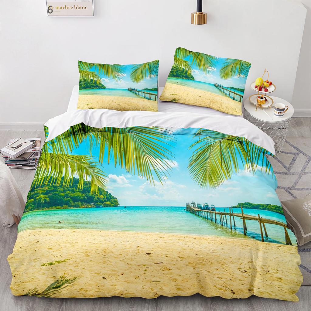 Seaside Scenery Bedding Set Sand Bed Linen Home Decor Single Double Twin Size For Boys Girls Adults Sunset Tree Duvet Cover Set