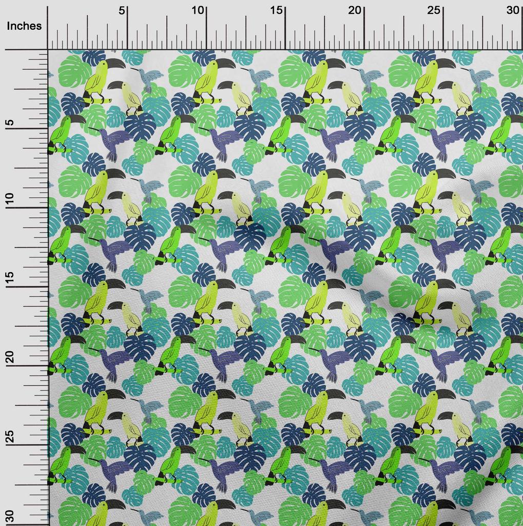 oneOone Cotton Flex Aqua Blue Fabric Tropical Floral with Birds Fabric for Sewing Printed Craft Fabric by The Yard 40 Inch