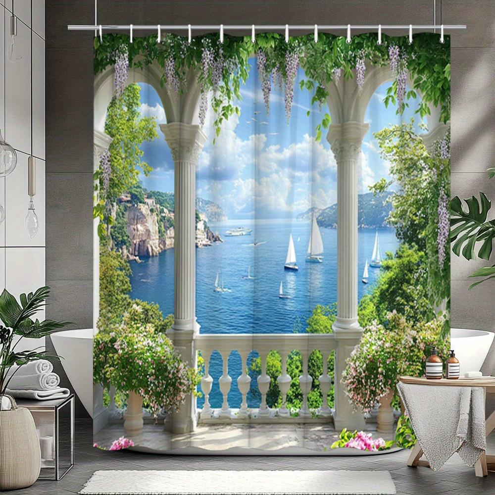 Waterproof Luxury Shower Curtain Tropical Mediterranean Scenic Beach View Floral Design Bathroom Decor 180x200cm