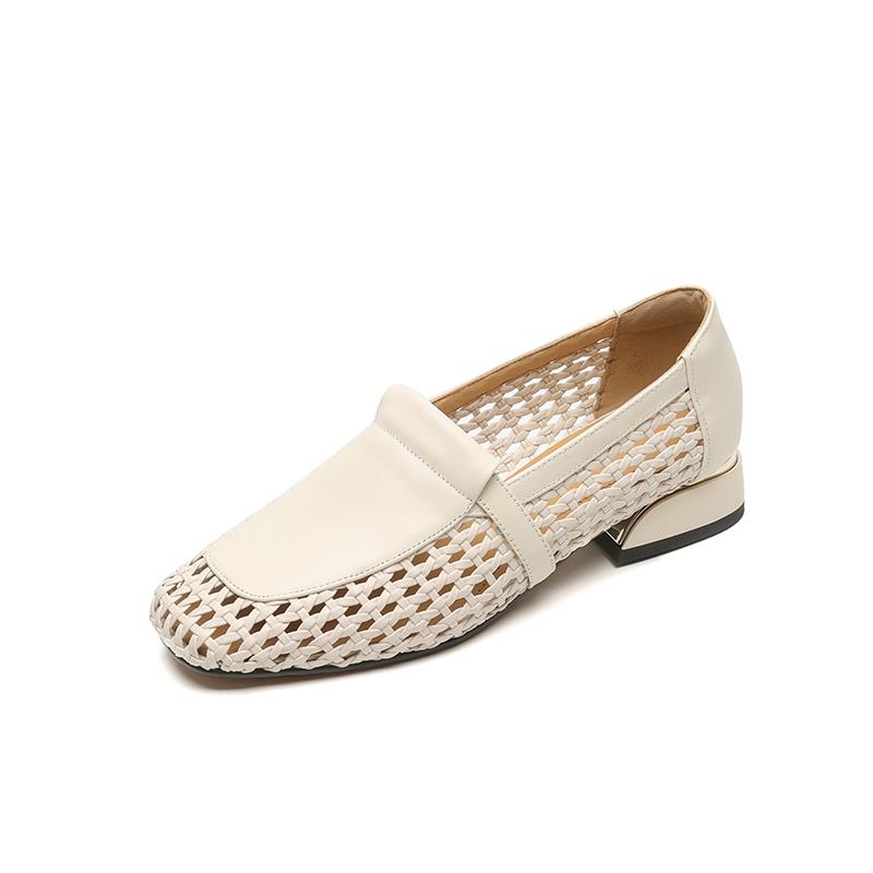 Fashion NEW Spring/Autumn Women Loafers Square Toe Low Heel Shoes Genuine Leather Shoes for Women Soft Slip-on Women Pumps Weave Shoes