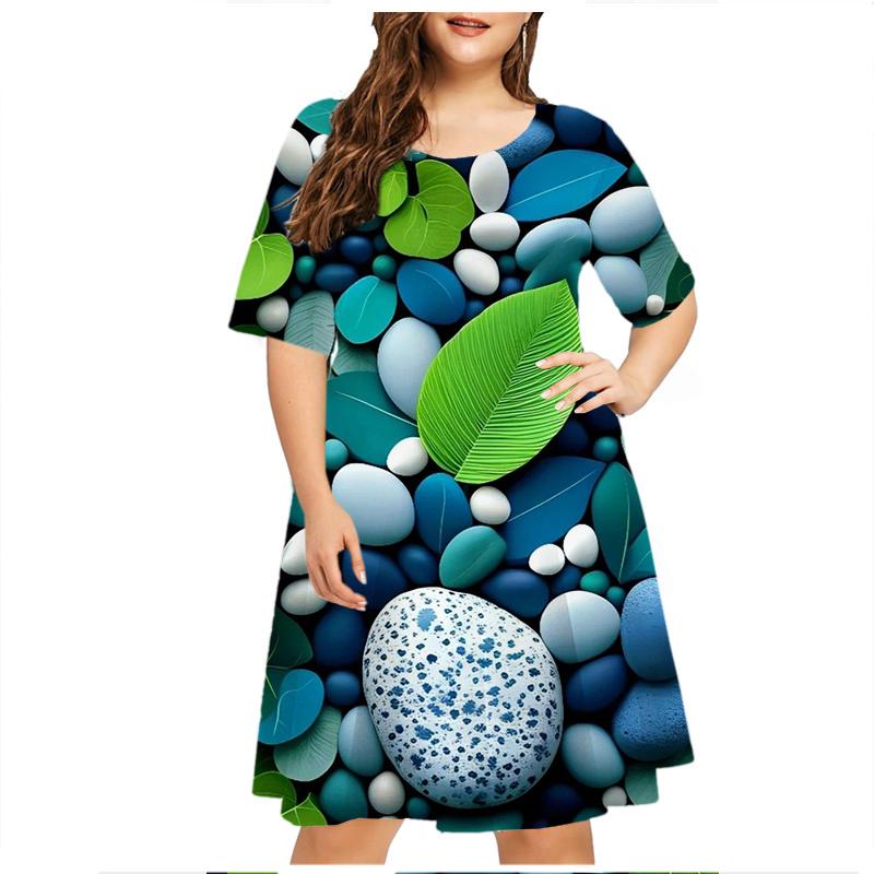 Green Leaf Raindrop Women'S Dress Short Sleeve Summer Fashion O-Neck Loose Plus Size Dresses 6XL Casual 3D Print Mini Dress 5XL