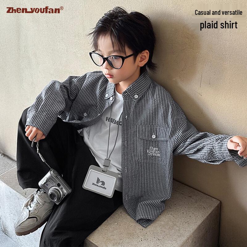 

Boy s Japanese Workwear Embroidered Striped Long-Sleeve Shirt 130