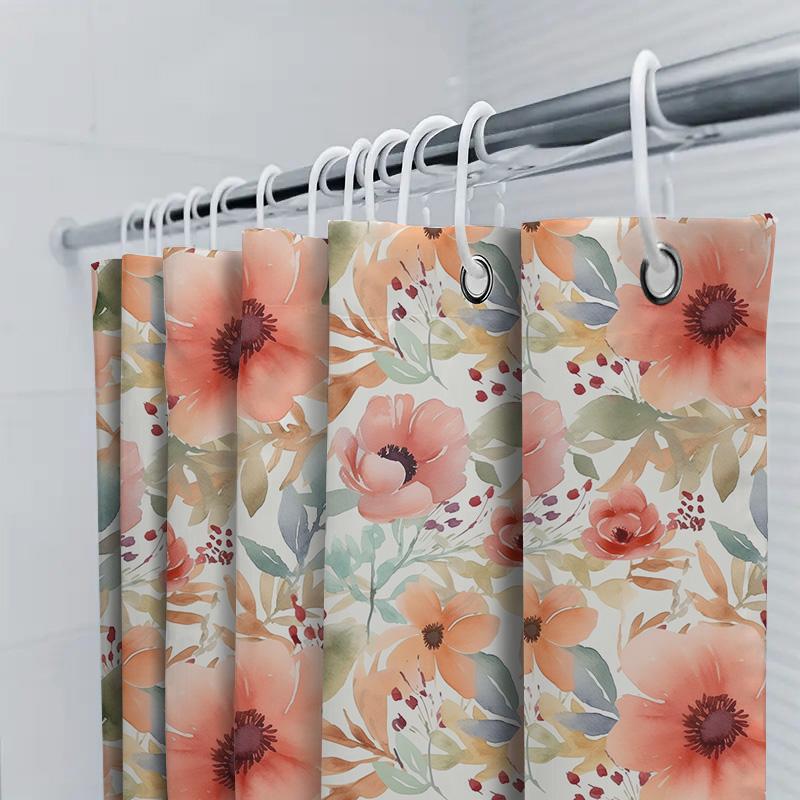 Watercolor Floral Shower Curtain Coral Pink Red Green White Bath Decoration With Rings For Home Bathroom Decorations