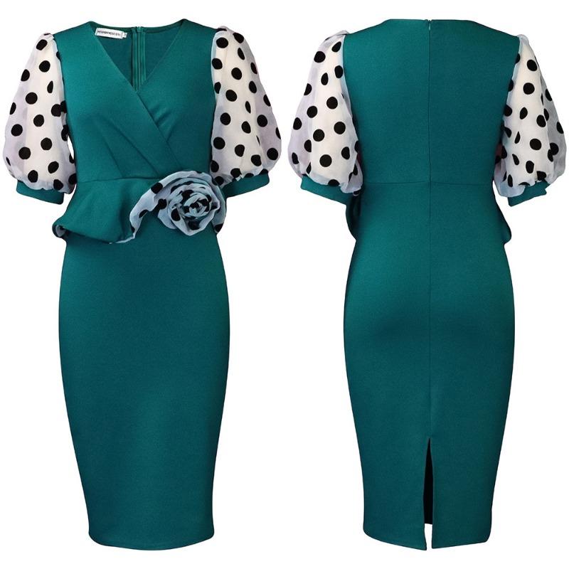 Plus Size Women Fashion V Neck Mesh Patchwork Midi Pencil Dress