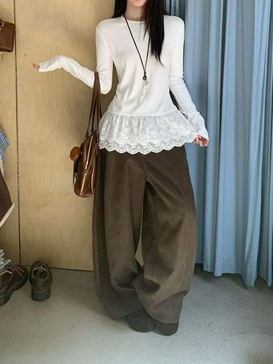 Women's Long Sleeve White Lace Trim Base Shirt - Korean Style Autumn/Winter 2025