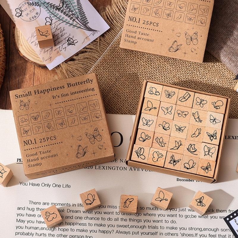 25Pcs Vintage Wood Stamp Flower Butterfly Themed Stamp for Scrapbooking Card Making Journal Photo Album and Packaging