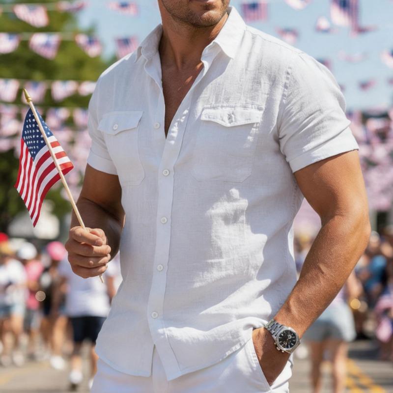 Men Linen Blend Short Sleeve Button Down Shirt With Two Chest Pockets Casual Summer Blouse