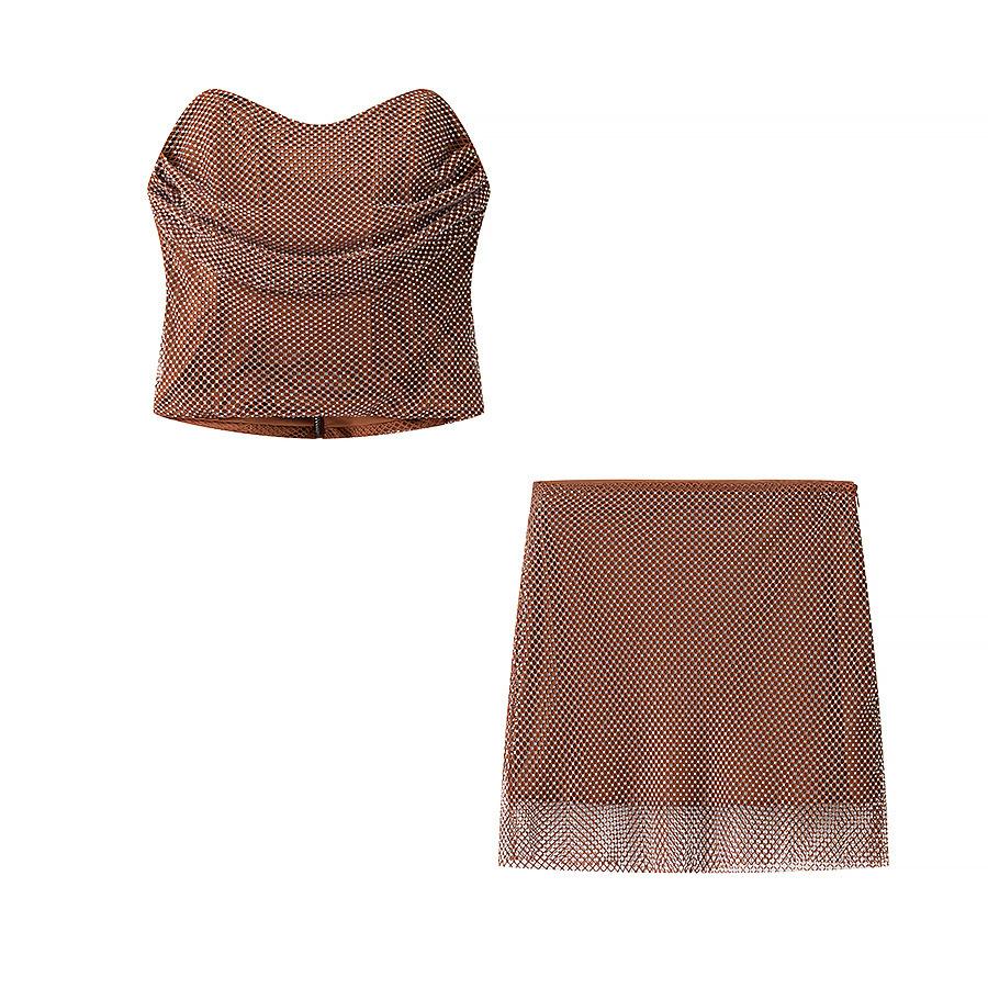 Cross-border women s clothing wholesale 2025 summer new European and American style sexy tube top + short skirt set S светло-коричневого