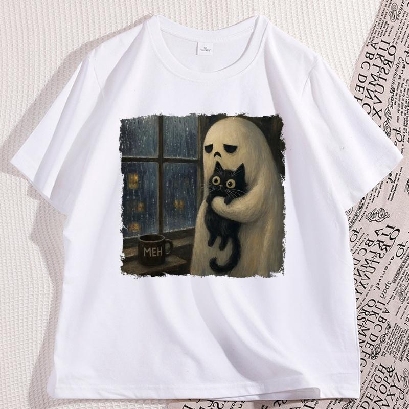 Meh Ghost Tshirt Unisex Unisex Black Cat Tee Funny Halloween Graphic T Shirts Cotton Loose Round Neck Printed Tshirts Clothing