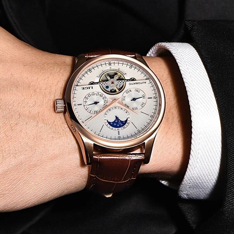 Heren Horloges Automatisch Mechanisch Horloge Tourbillon Klok Echt Leer Waterdicht Horloge Mannen Militaire Polshorloge Man