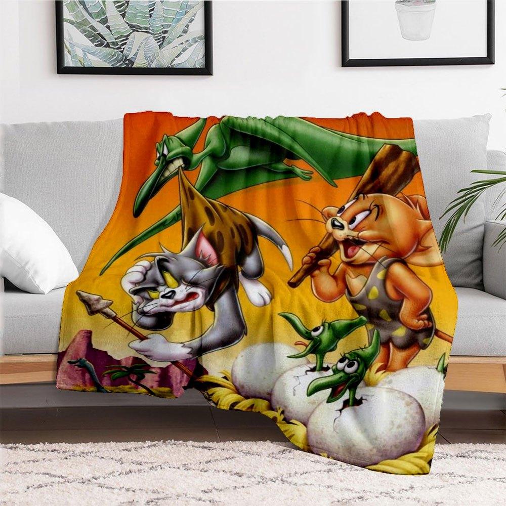"Prehistoric Fun: Tom & Jerry's Dino Adventure Poster Print"Blanket Flannel Throw Blanket for Sofa, Bed, Travel, Camping, Office