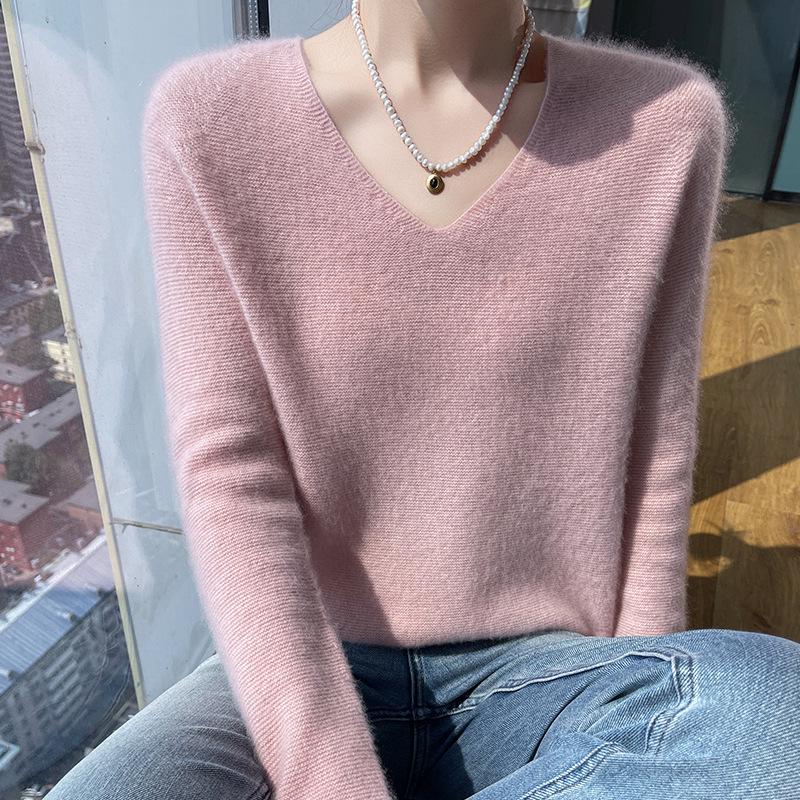 Autumn/Winter Women's 100% Wool V-Neck Long Sleeve Slim Fit Thickened Sweater