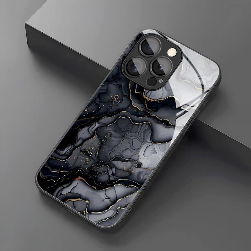 Case For iPhone 17 Pro Max 16 15 14 13 12 11 7 8 Plus 17Air 16E XR XS X Black Marble Gradient Pattern Tempered Glass Phone Cover