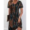 3D Retro Elements Geometric Print Summer Dress Short Sleeve V-Neck Casual Vacation Dress for Women